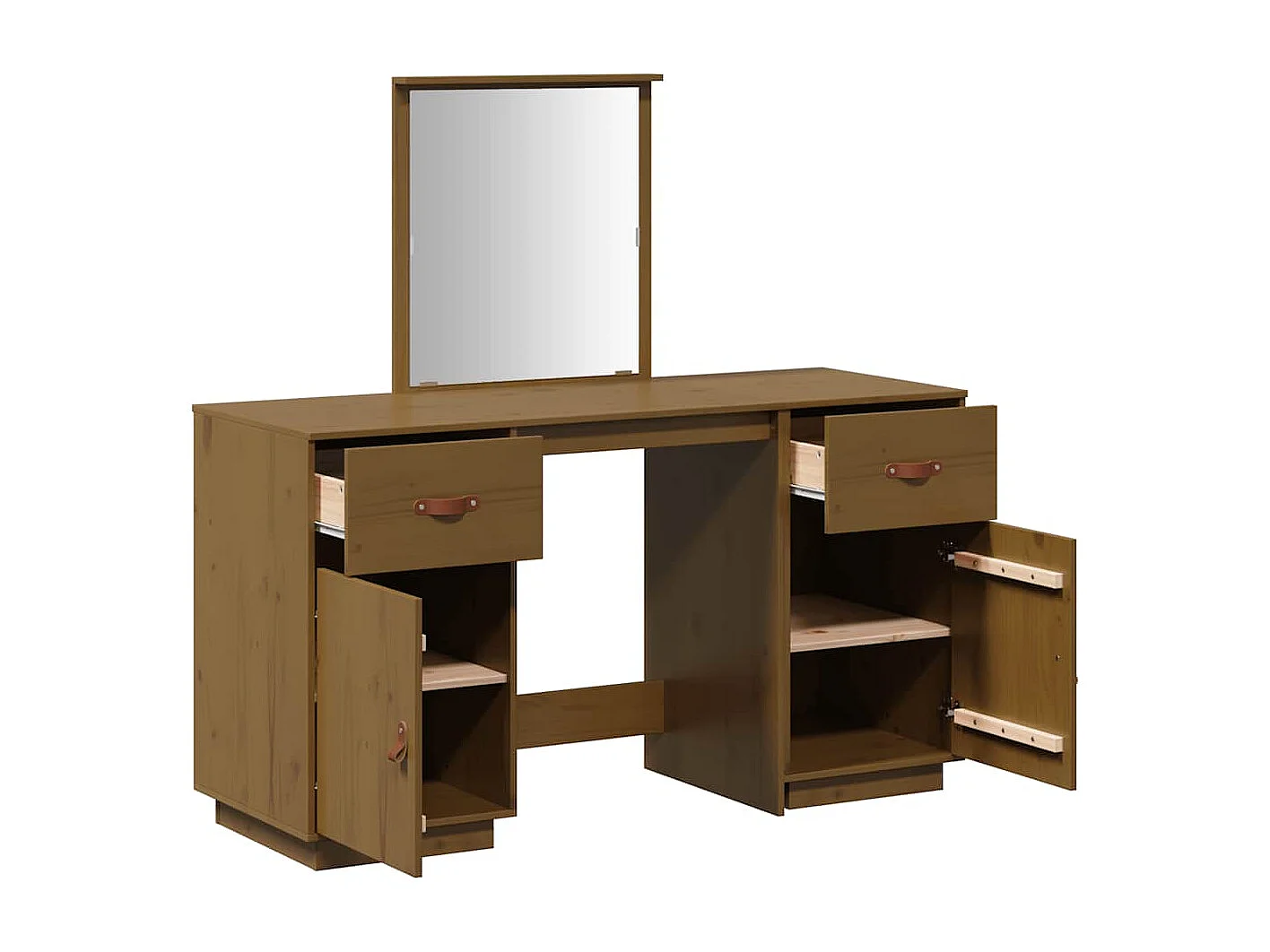 Ensemble de coiffeuse et miroir Marron miel Bois de pin solide
