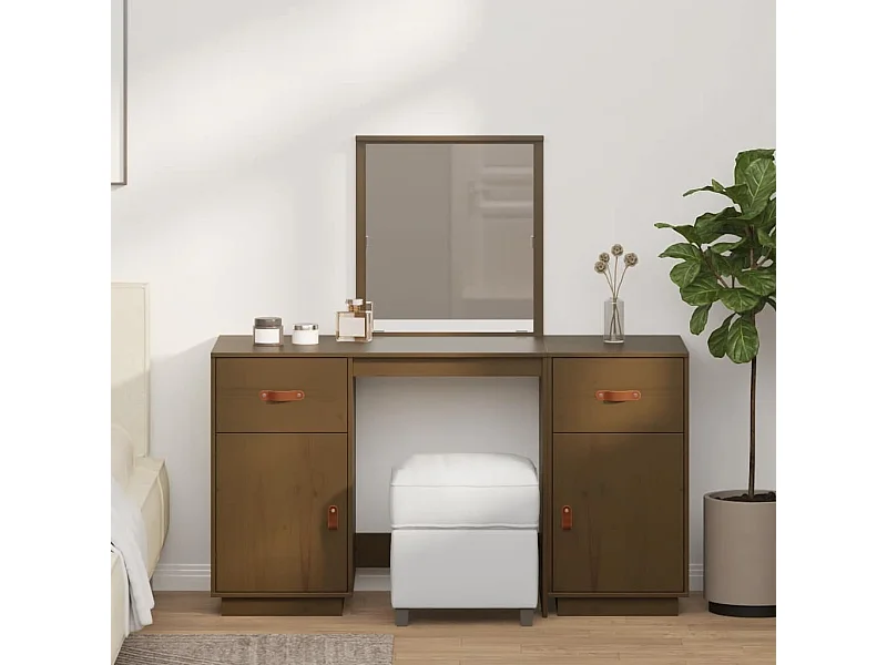Ensemble de coiffeuse et miroir Marron miel Bois de pin solide