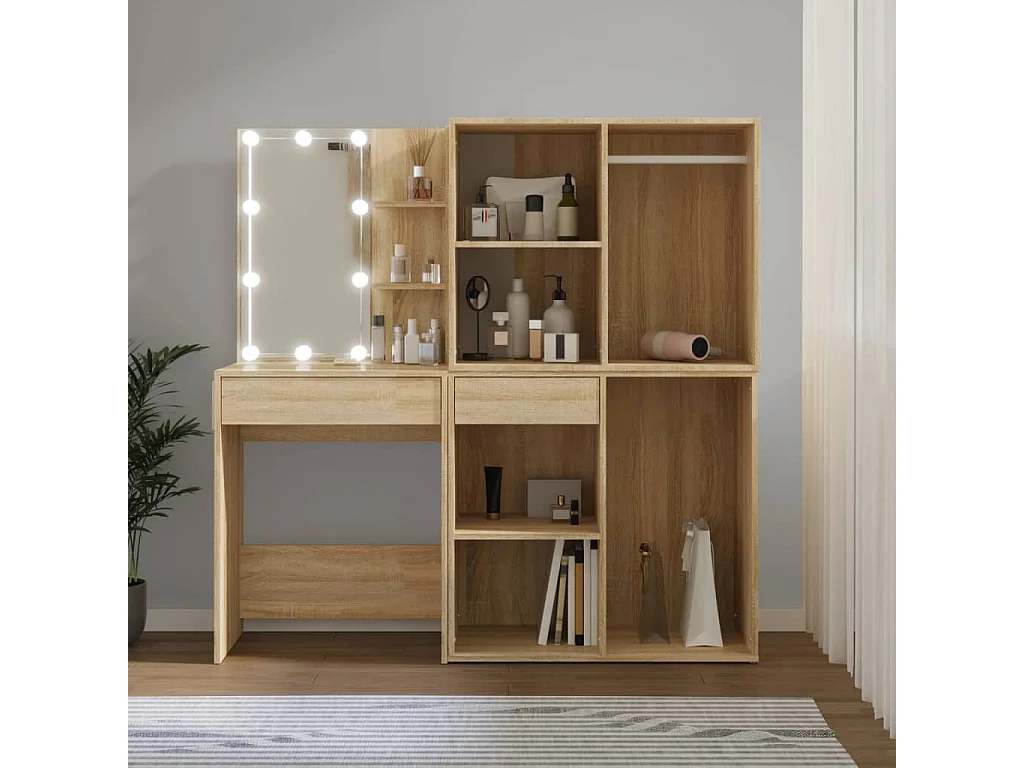 Coiffeuse à LED avec 2 armoires Chêne sonoma Bois d'ingénierie