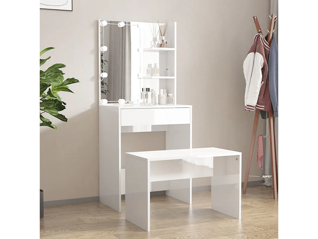 Ensemble de coiffeuse avec LED Blanc brillant Bois d'ingénierie