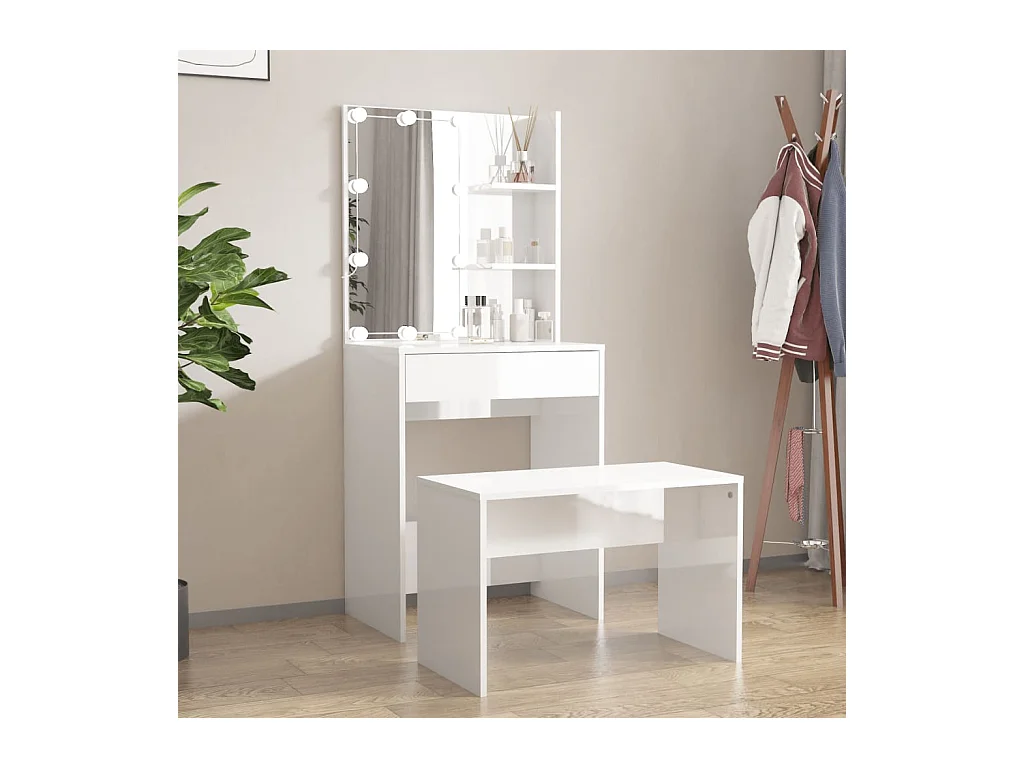 Ensemble de coiffeuse avec LED Blanc brillant Bois d'ingénierie