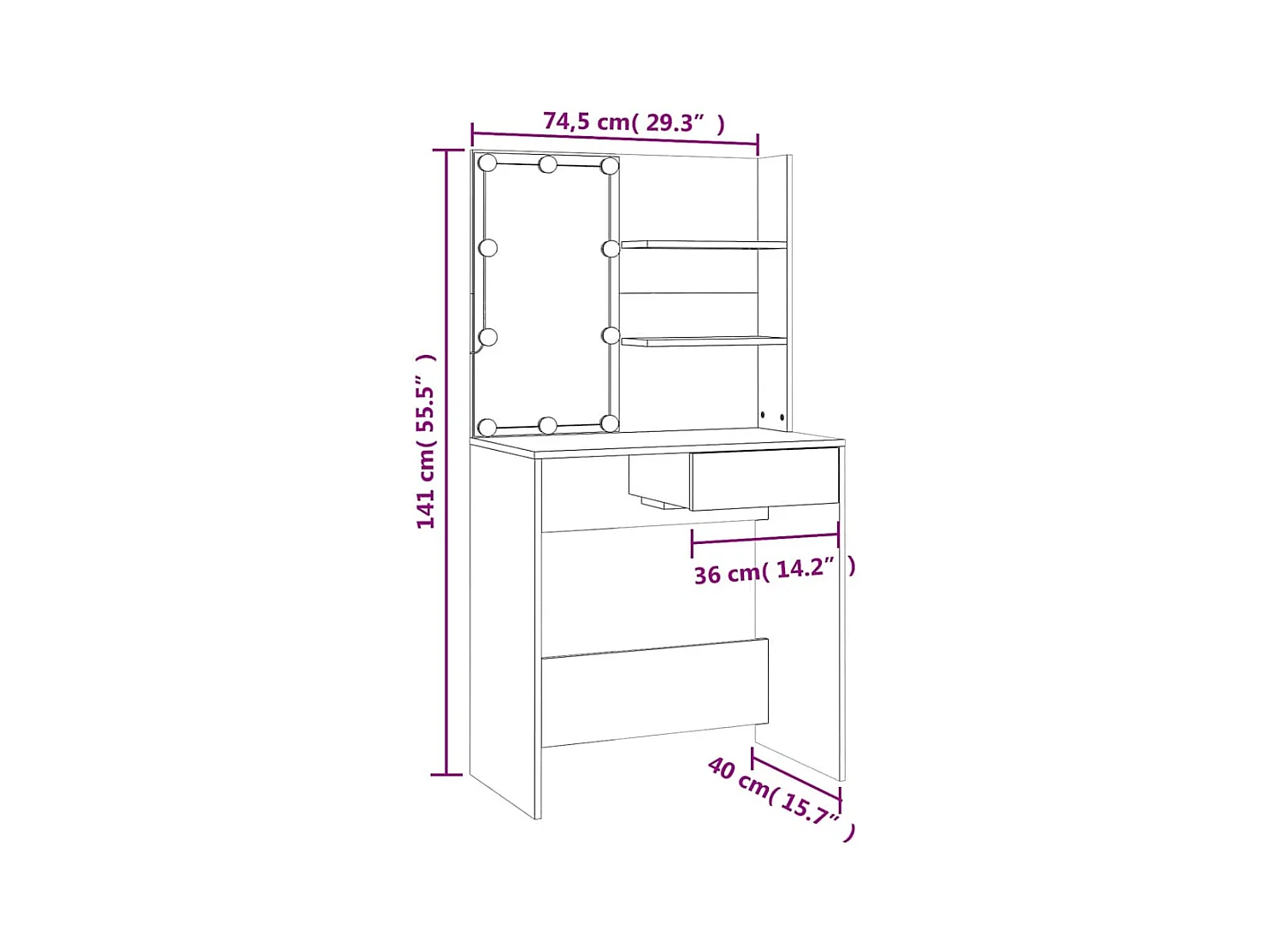 Tocador con LED blanco 74,5x40x141 cm