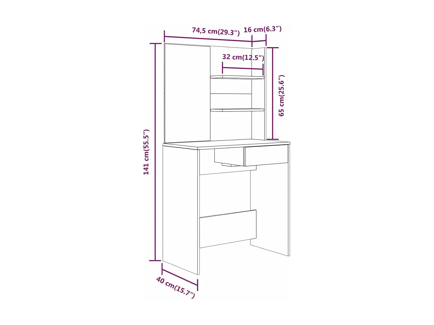 Kaptafel met spiegel 74,5x40x141 cm hoogglans wit