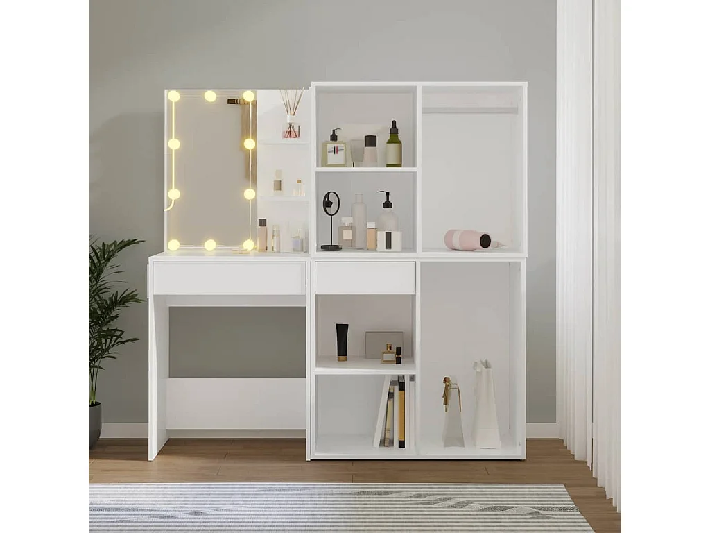 Coiffeuse à LED avec 2 armoires Blanc Bois d'ingénierie