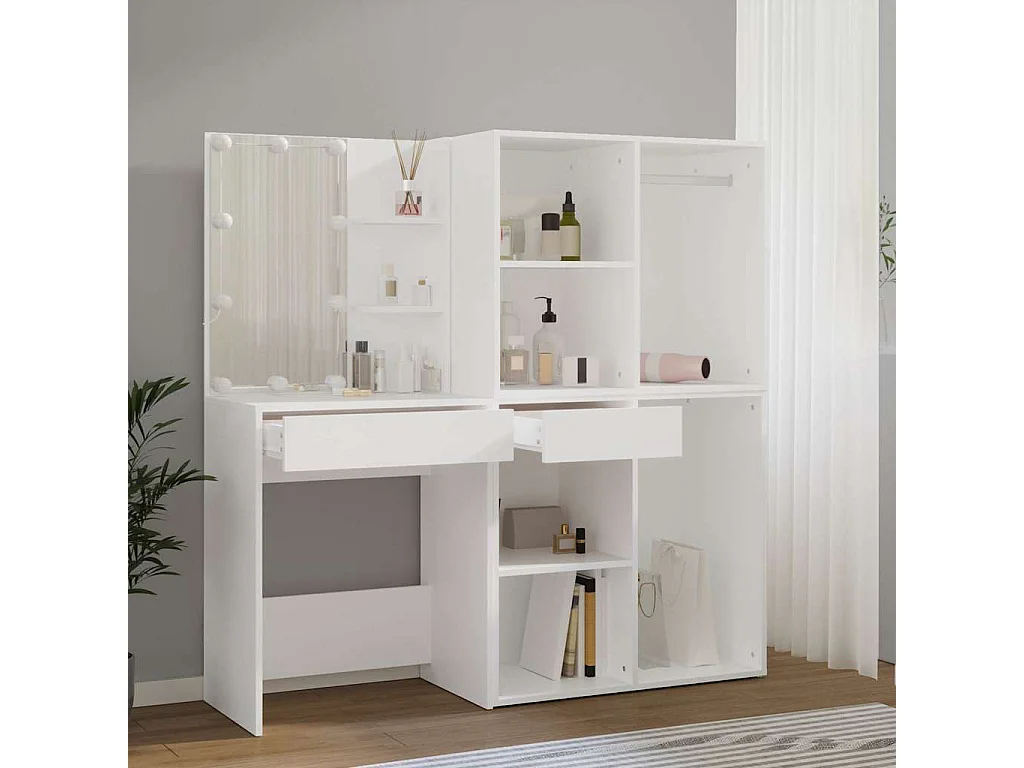 Tocador con LED y 2 armarios madera contrachapada blanco