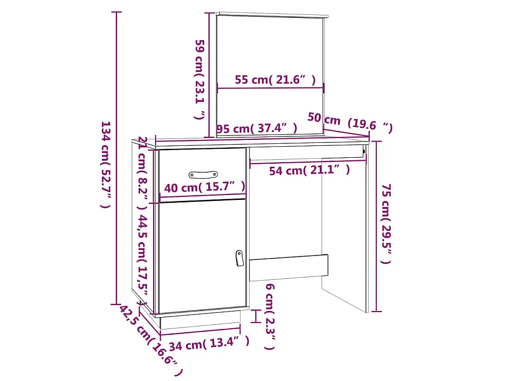 Coiffeuse Marron miel 95x50x134 cm Bois de pin massif