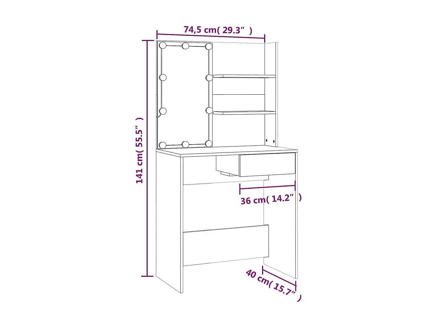 Schminktisch mit LED Braun Eiche 74,5x40x141 cm
