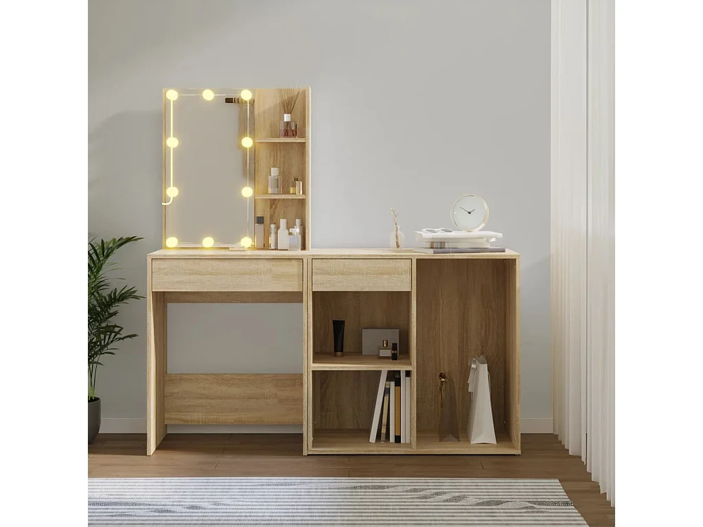 LED-Schminktisch mit Schrank Sonoma-Eiche Holzwerkstoff