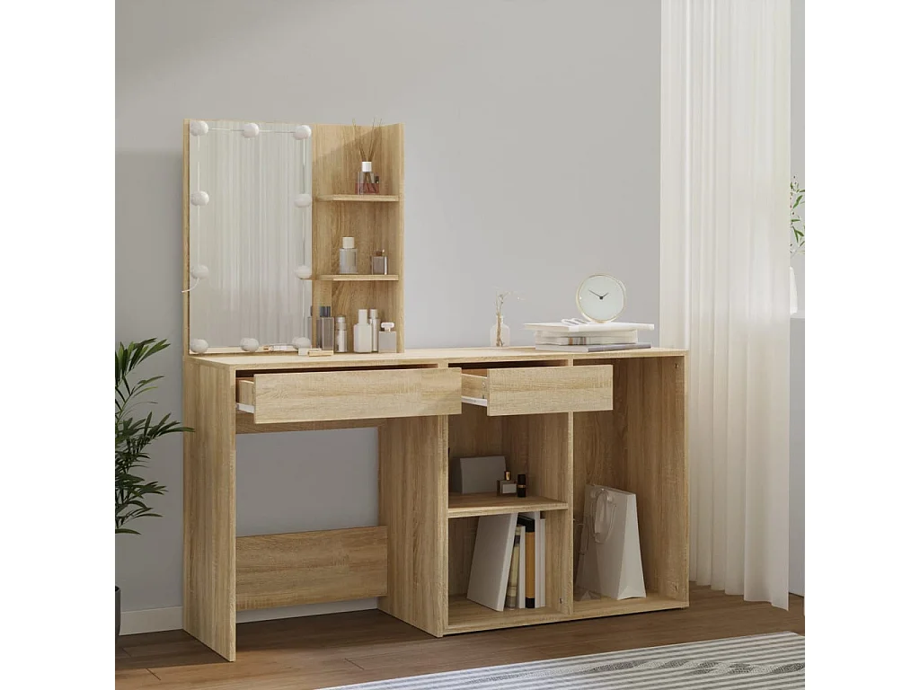 LED-Schminktisch mit Schrank Sonoma-Eiche Holzwerkstoff