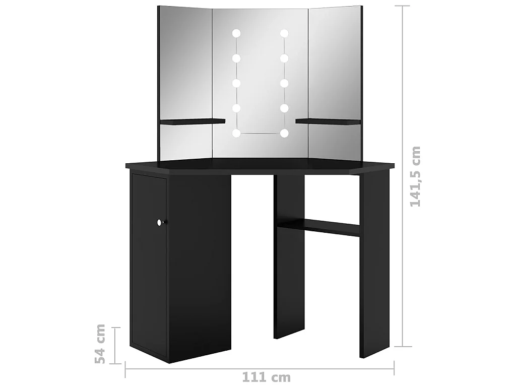 Coiffeuse d'angle avec LED Noir 111x54x141,5 cm