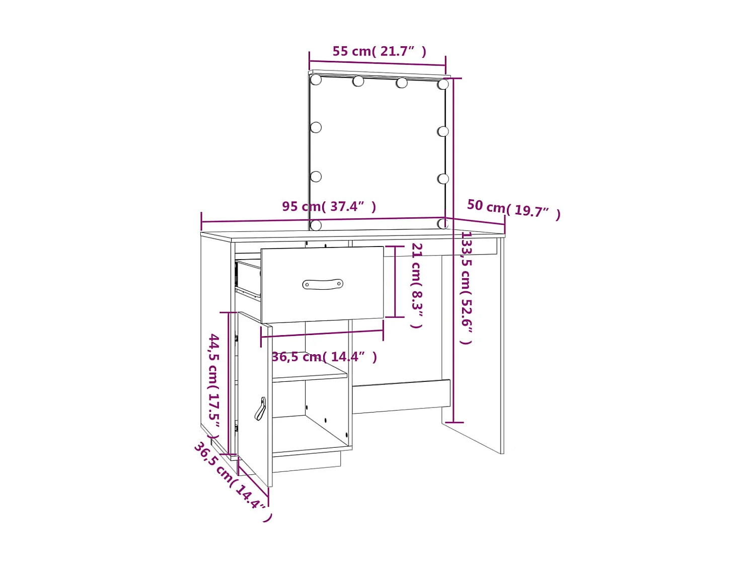 Coiffeuse avec LED 95x50x133,5 cm Bois de pin massif