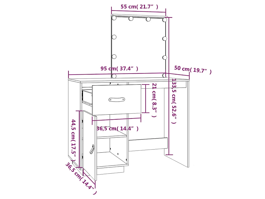 Schminktisch mit LED 95x50x133,5 cm Massivholz Kiefer