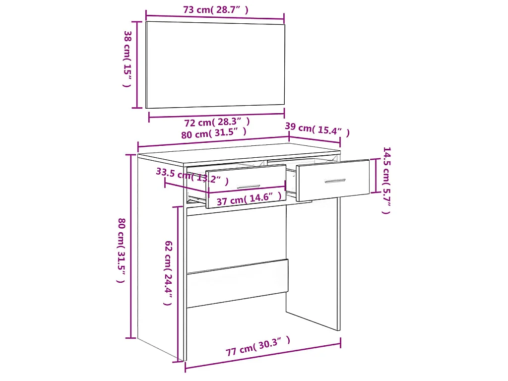 Toucador com espelho 80x39x80 cm cinzento cimento