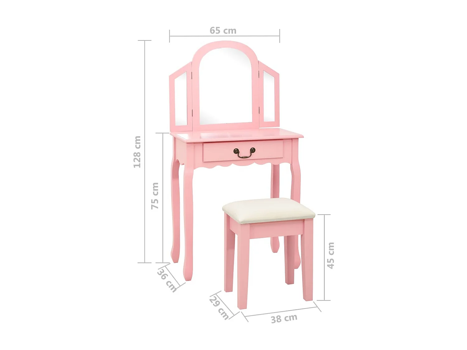 Coiffeuse et tabouret Rose 65x36x128 cm Bois de paulownia MDF