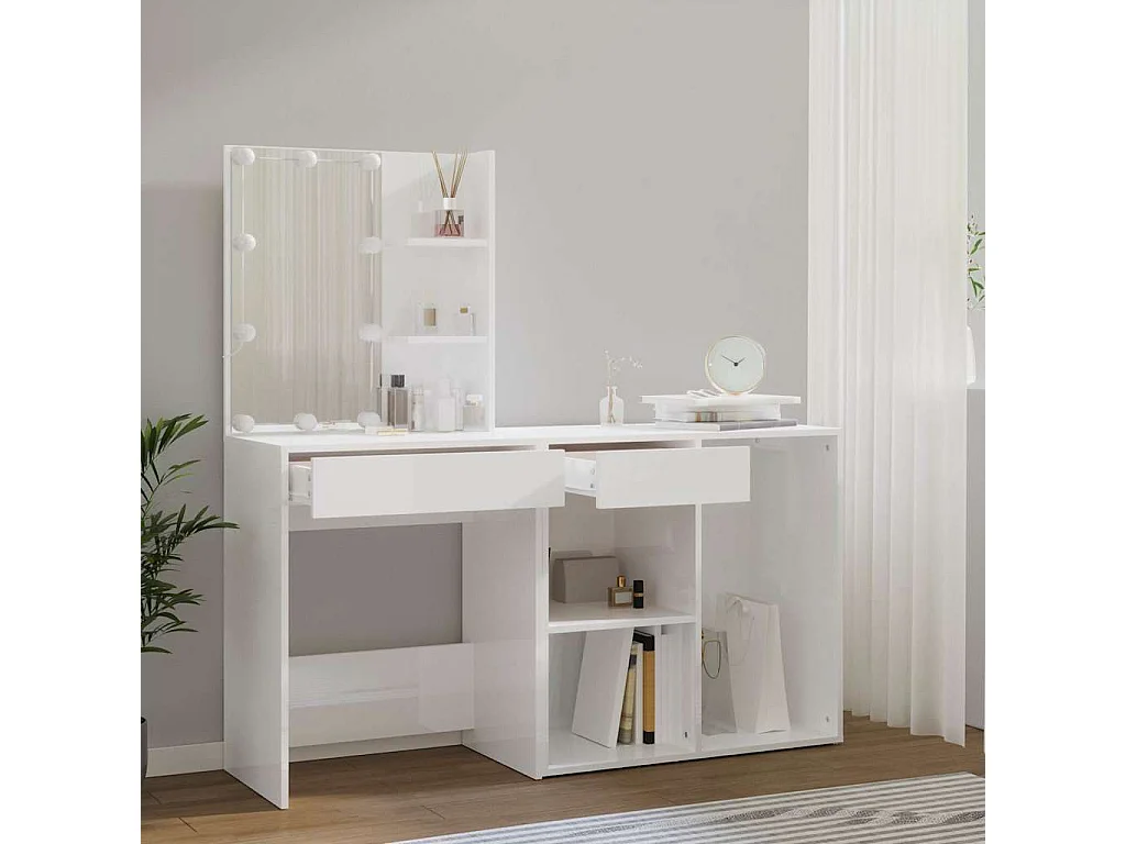 Coiffeuse à LED avec armoire Blanc Bois d'ingénierie