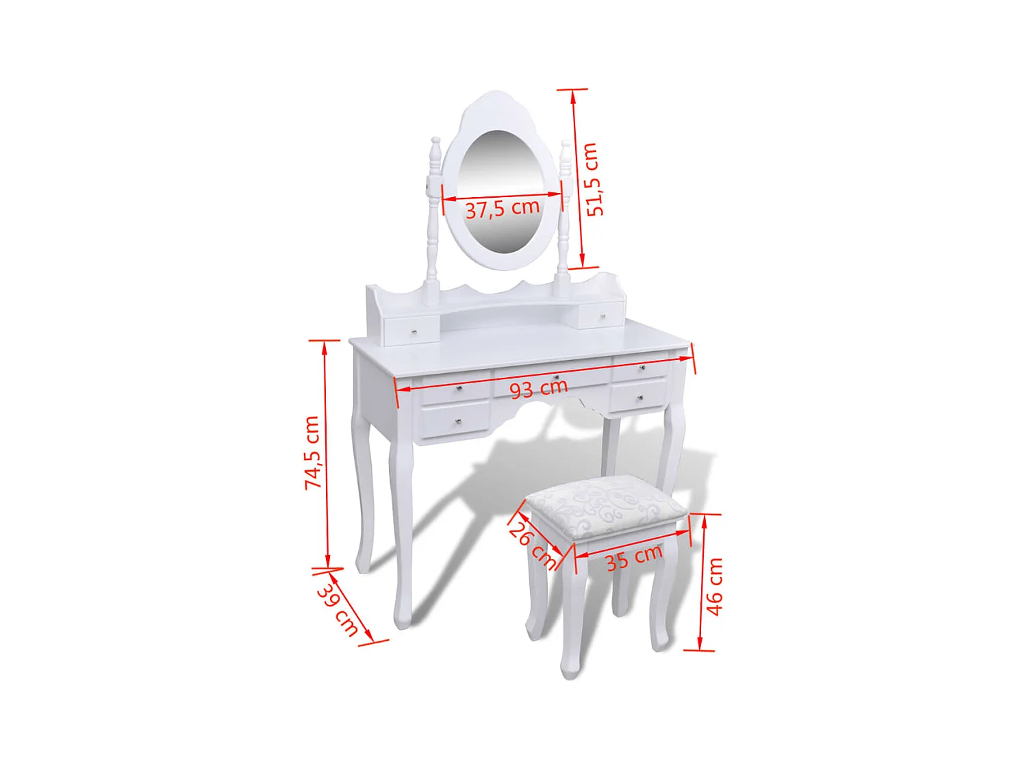 Coiffeuse avec miroir et tabouret 7 tiroirs Blanc
