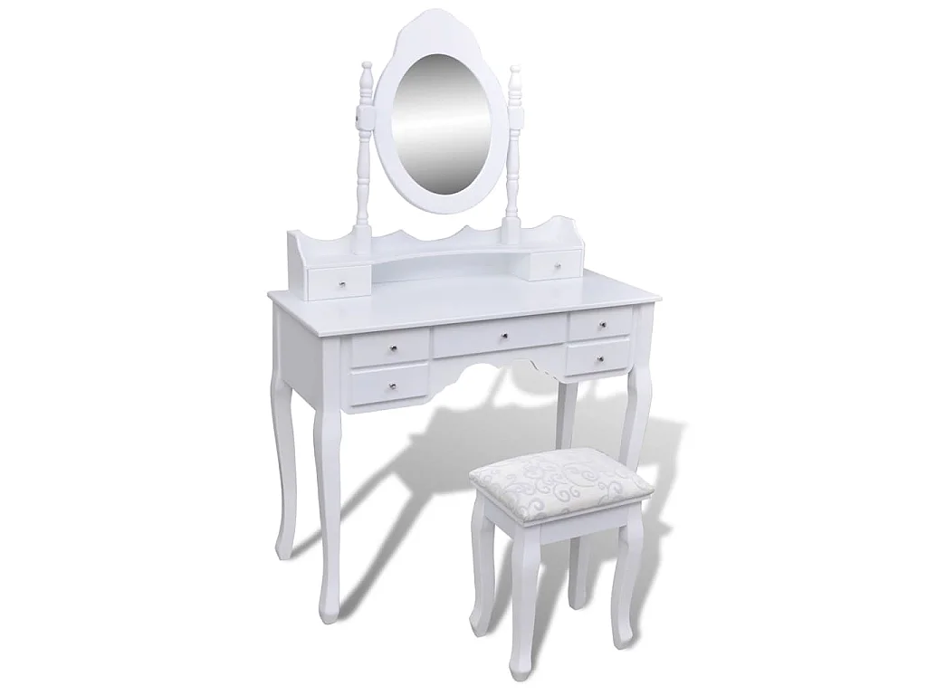 Coiffeuse avec miroir et tabouret 7 tiroirs Blanc
