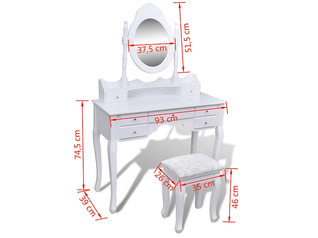 Coiffeuse avec miroir et tabouret 7 tiroirs Blanc