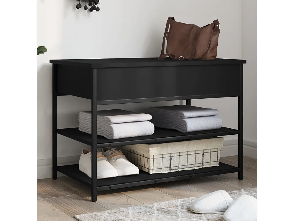 Banc à chaussures noir 70x42,5x50 cm bois d'ingénierie