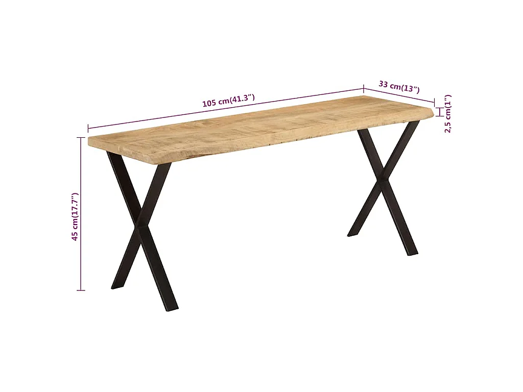 Banc avec bord vivant 105 cm bois de manguier massif