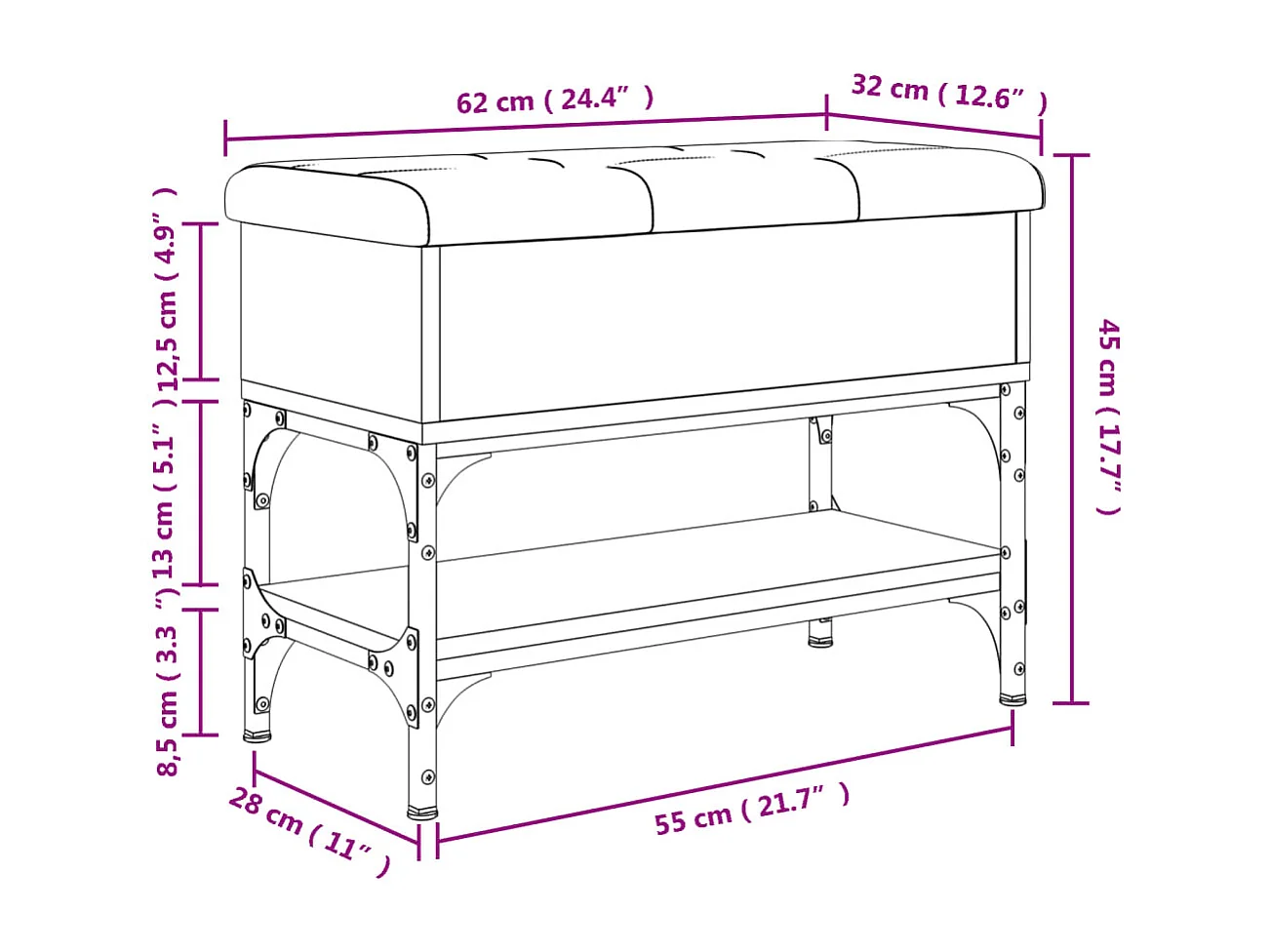 Banco sapateira 62x32x45 cm derivados madeira carvalho castanho