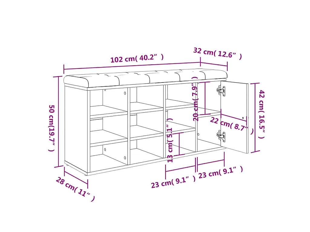 Schoenenbank 102x32x50 cm bewerkt hout wit