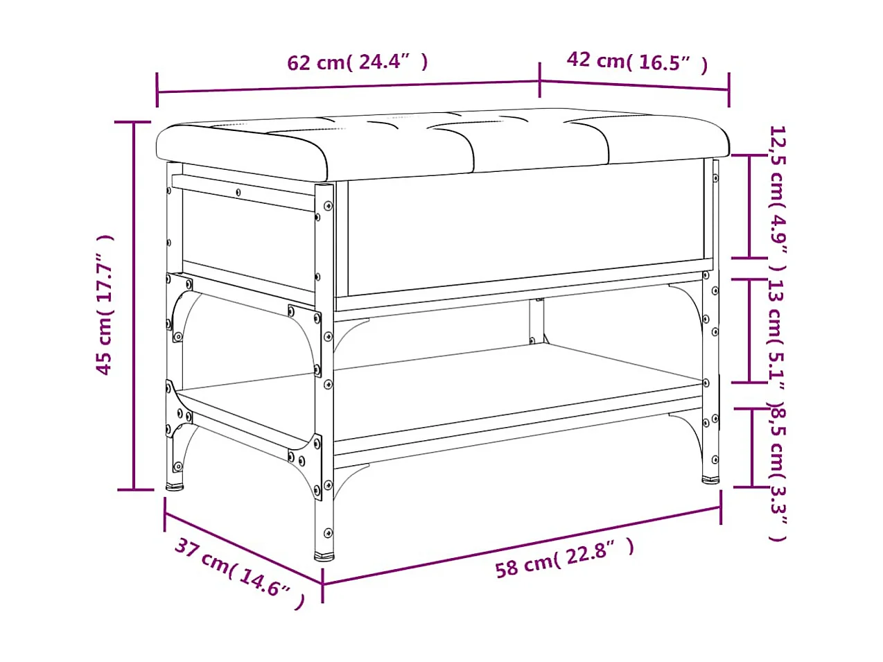 Banco zapatero madera de ingeniería negro 62x42x45 cm