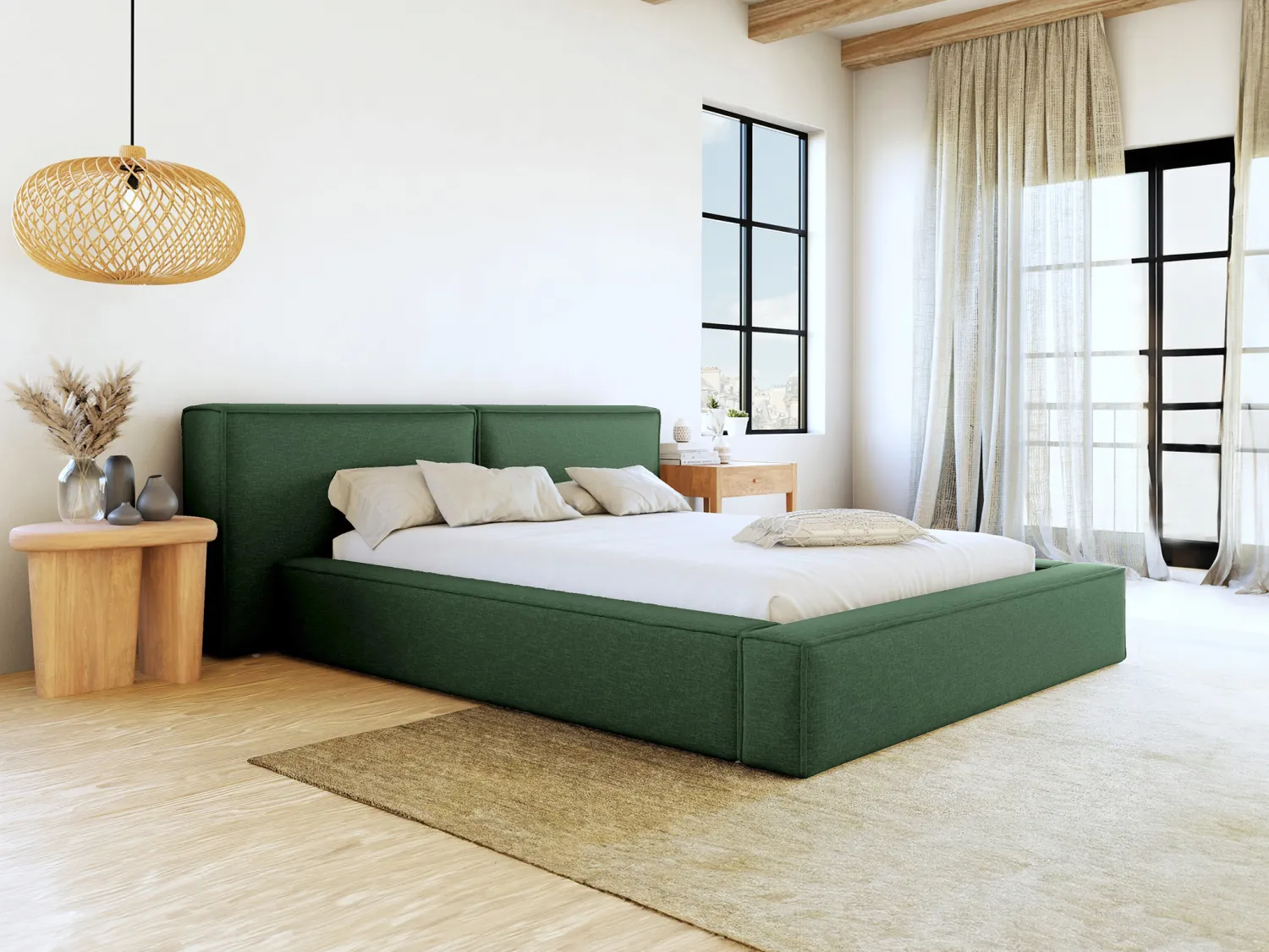 Lit coffre 160 x 200 cm - Tissu - Vert sapin + Matelas - TIMANO de Pascal Morabito