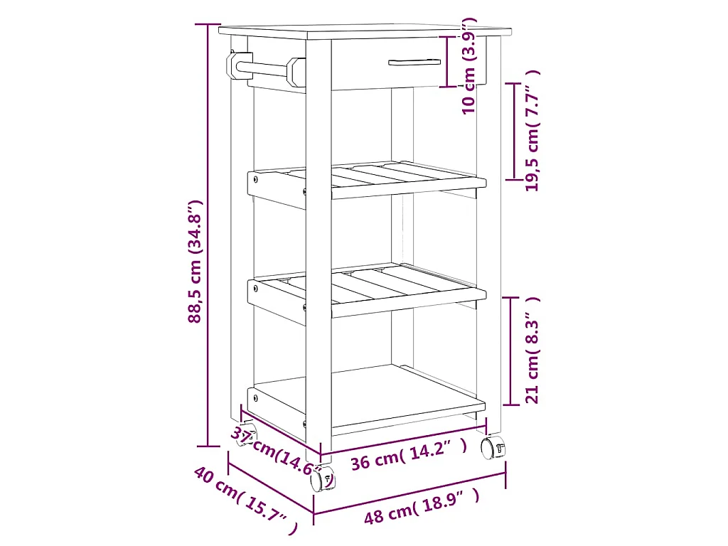 Chariot de cuisine MONZA 48x40x88,5 cm bois massif de pin