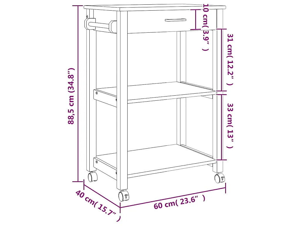 Keukentrolley MONZA 60x40x88,5 cm massief grenenhout