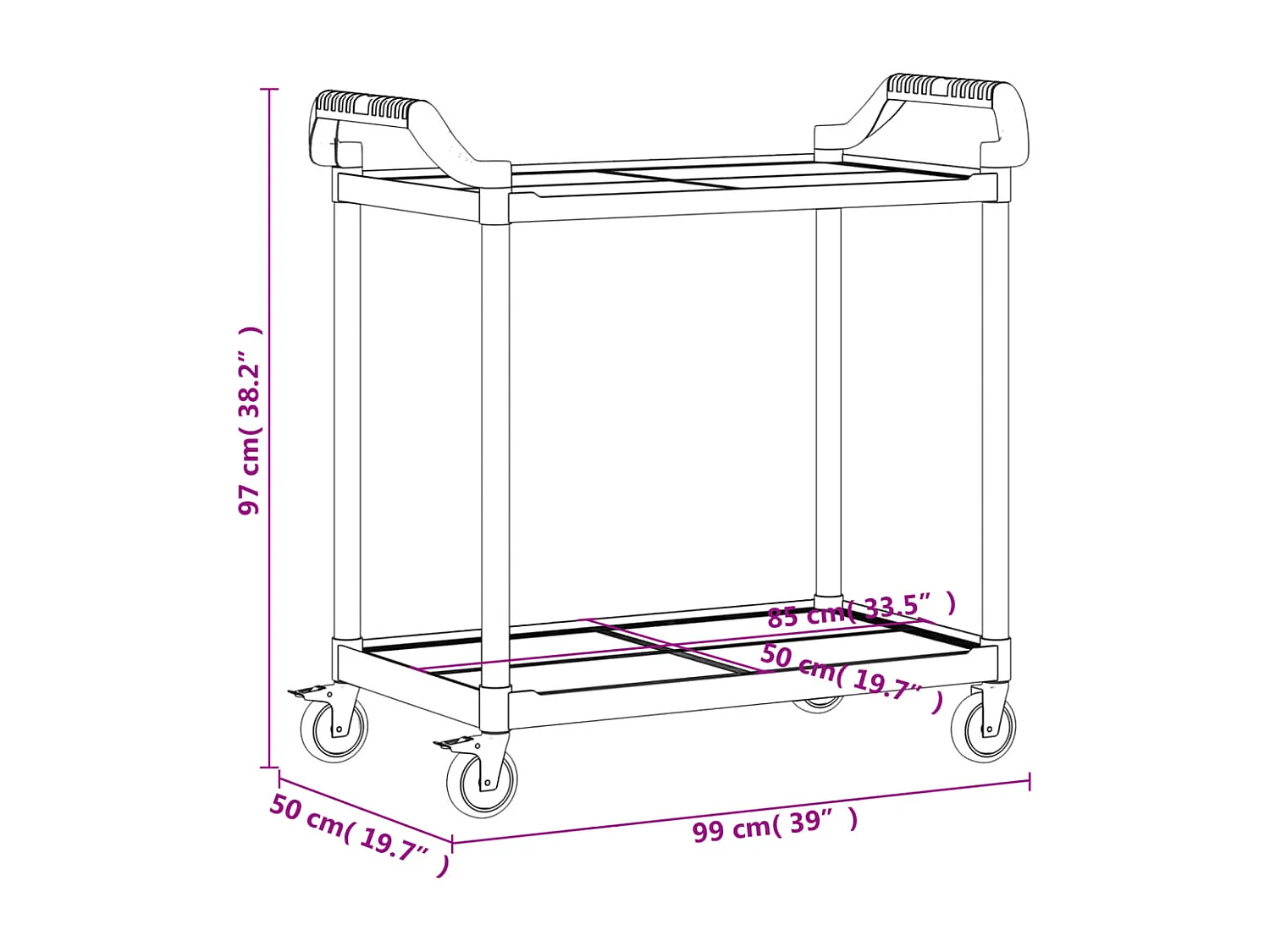 Carrello a 2 Ripiani Nero 99x50x97 cm in Alluminio