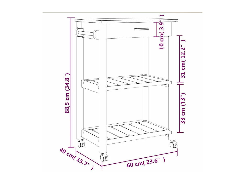 Chariot de cuisine MONZA 60x40x88,5 cm bois massif de pin