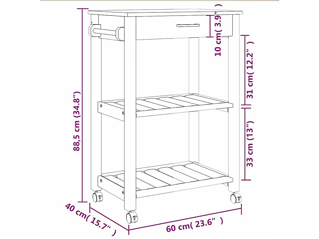 Chariot de cuisine MONZA 60x40x88,5 cm bois massif de pin