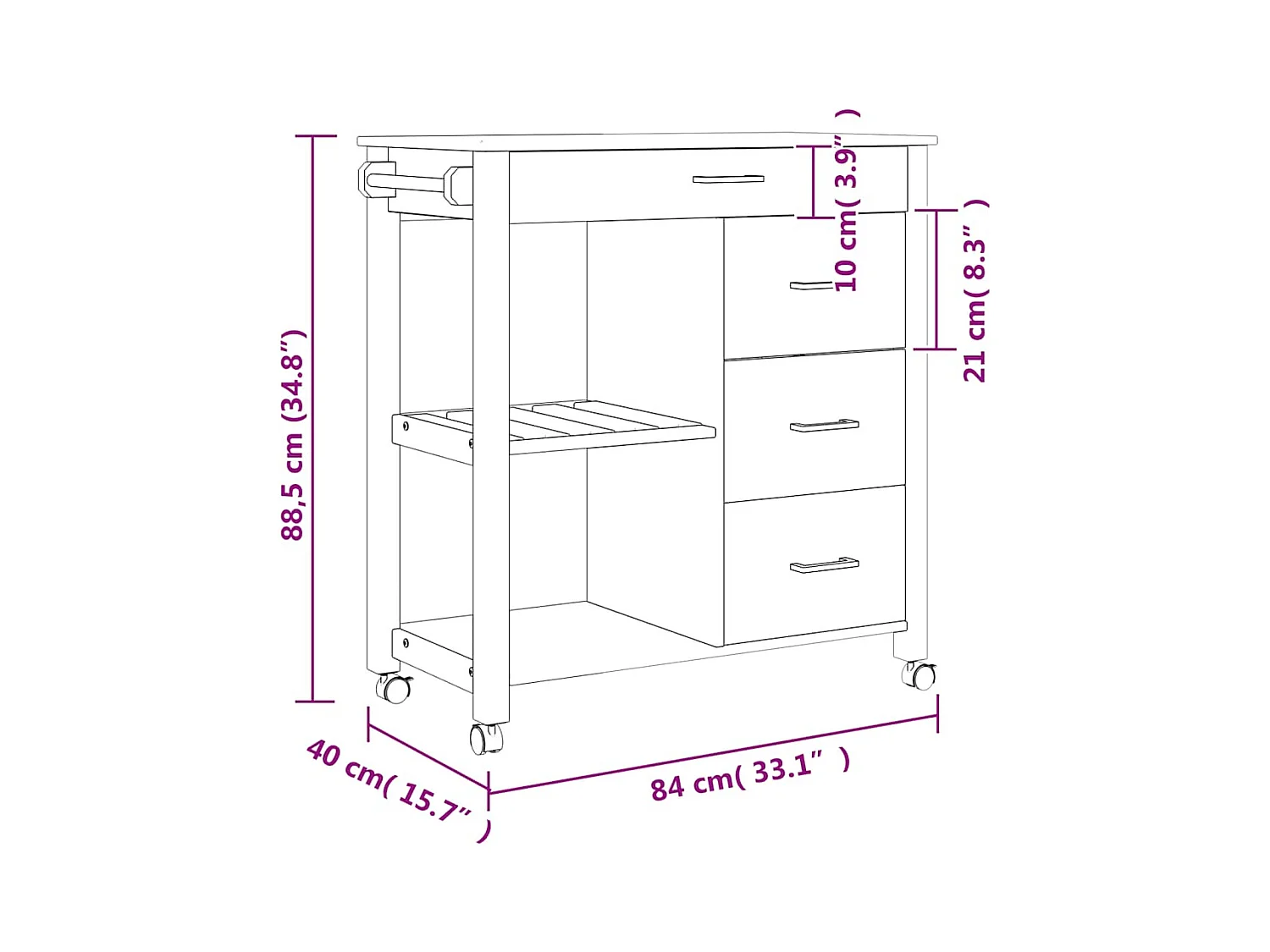 Chariot de cuisine MONZA 84x40x88,5 cm bois massif de pin