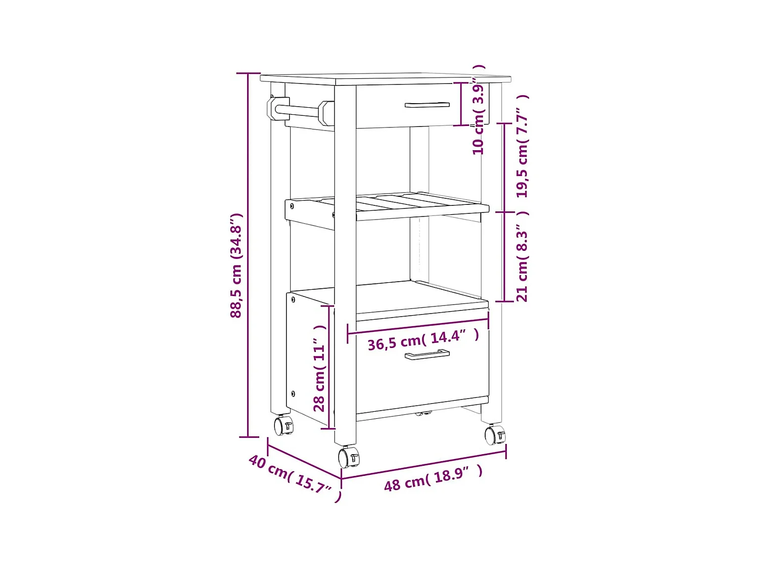 Chariot de cuisine MONZA 48x40x88,5 cm bois massif de pin