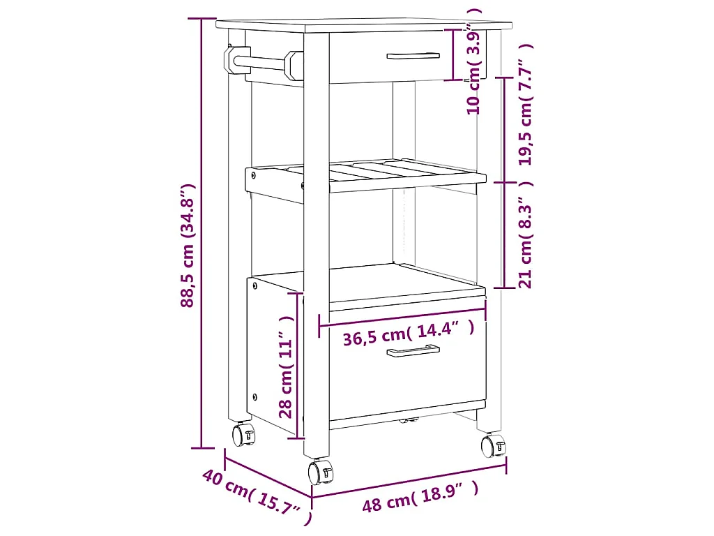 Chariot de cuisine MONZA 48x40x88,5 cm bois massif de pin