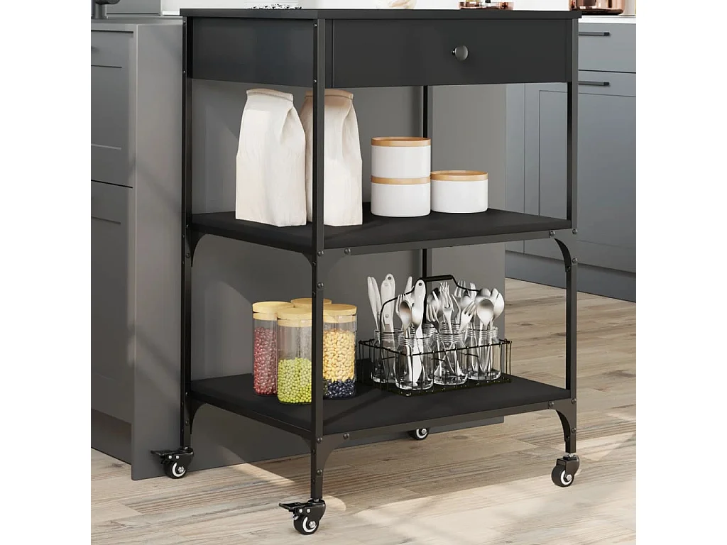 Chariot de cuisine noir 60x48x89,5 cm bois d'ingénierie