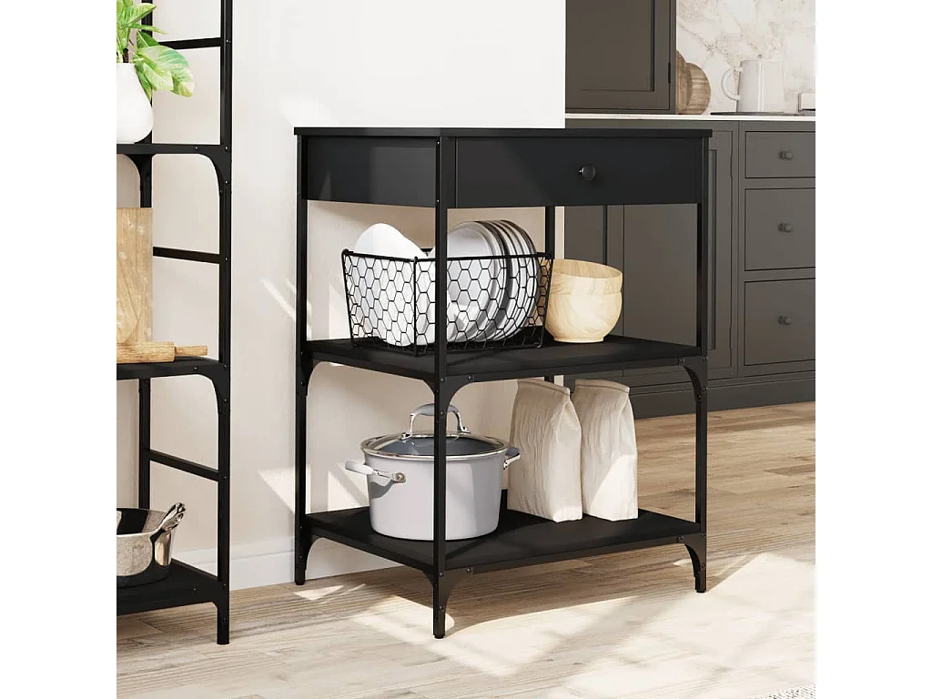 Chariot de cuisine noir 60x48x89,5 cm bois d'ingénierie