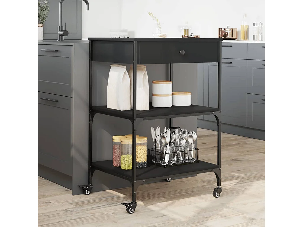 Chariot de cuisine noir 60x48x89,5 cm bois d'ingénierie