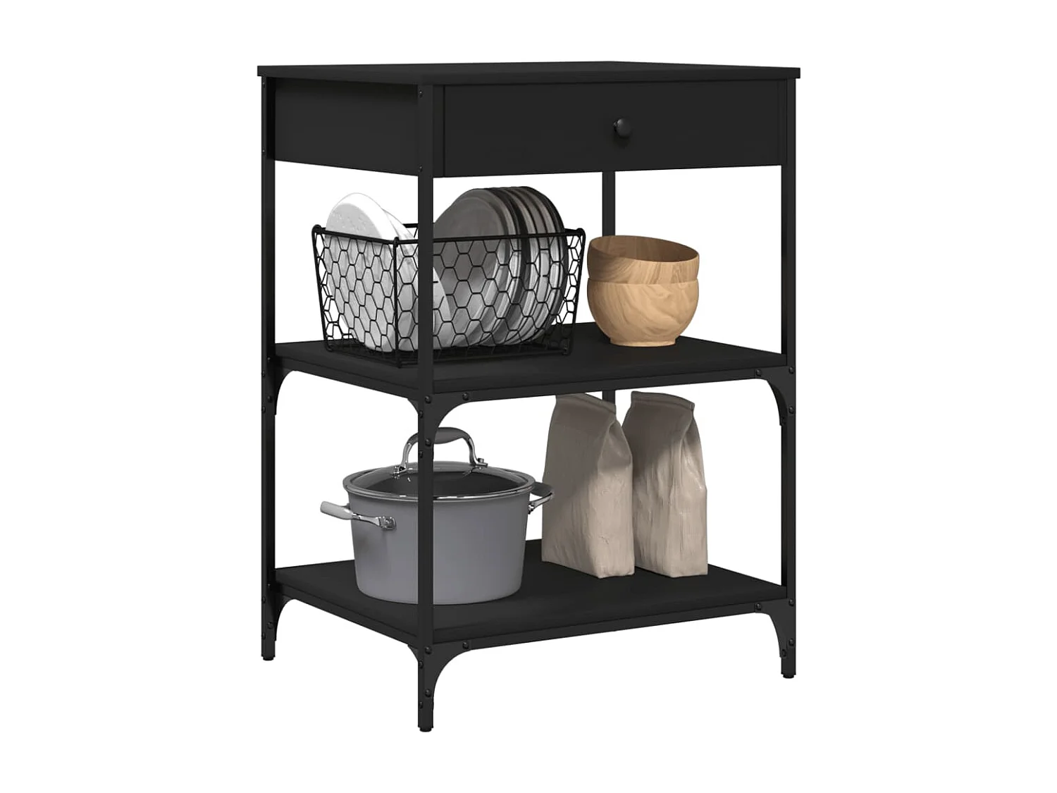 Chariot de cuisine noir 60x48x89,5 cm bois d'ingénierie