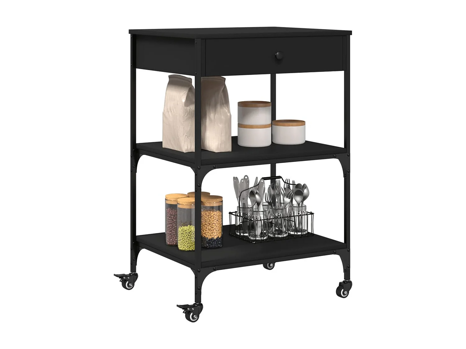 Chariot de cuisine noir 60x48x89,5 cm bois d'ingénierie