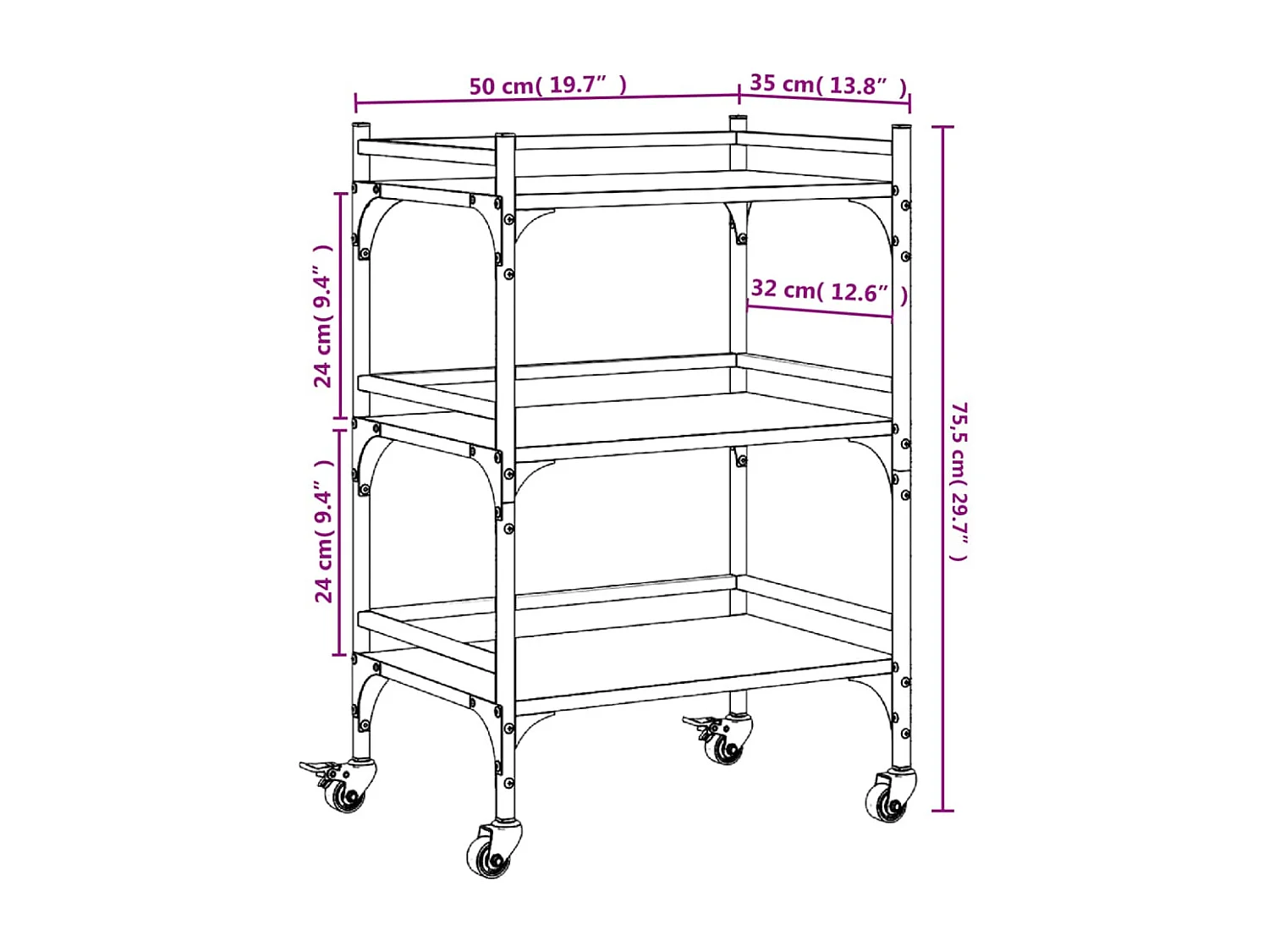 Chariot de cuisine sonoma gris 50x35x75,5 cm bois d'ingénierie