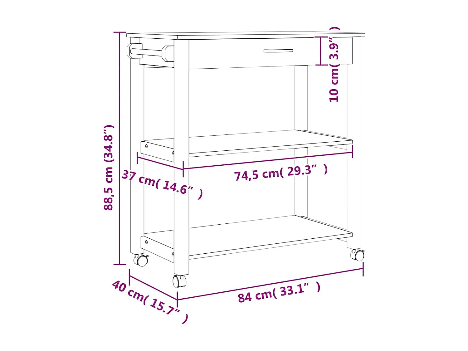 Chariot de cuisine MONZA 84x40x88,5 cm bois massif de pin