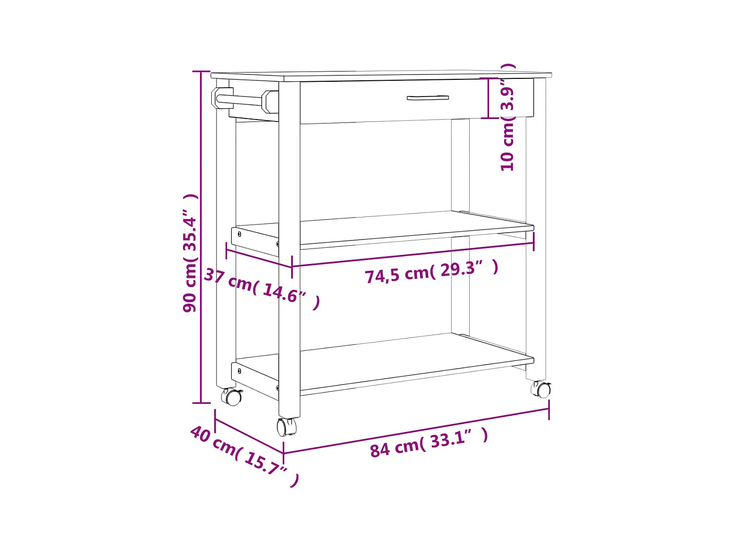 Chariot de cuisine MONZA 84x40x88,5 cm bois massif de pin