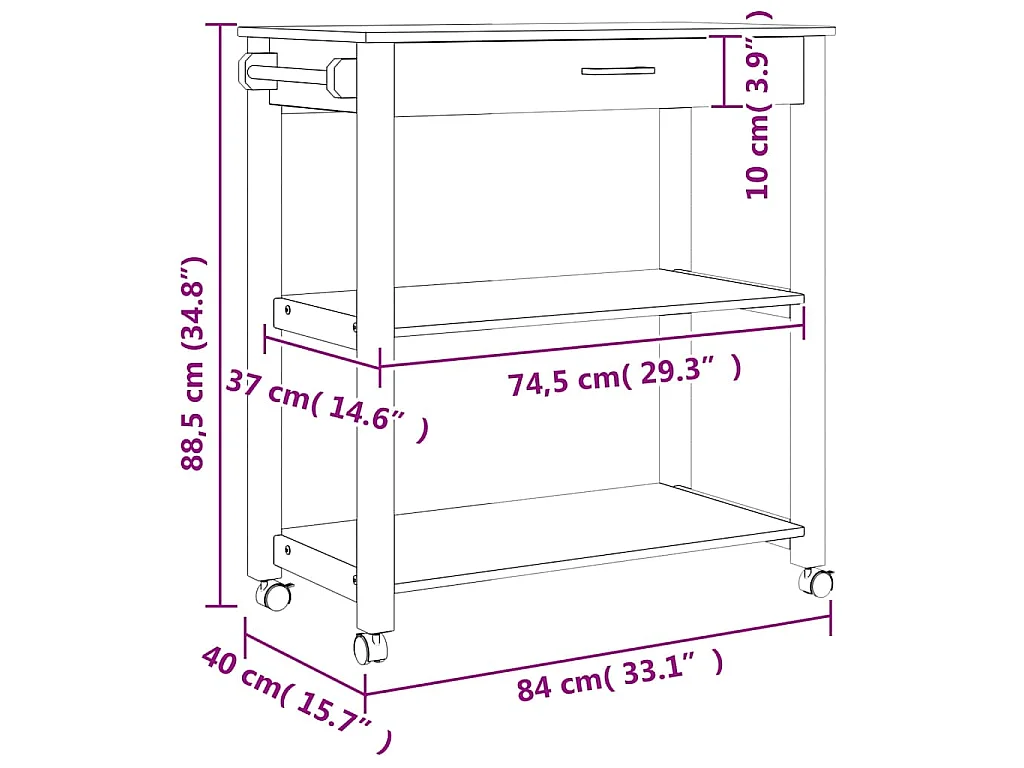 Chariot de cuisine MONZA 84x40x88,5 cm bois massif de pin