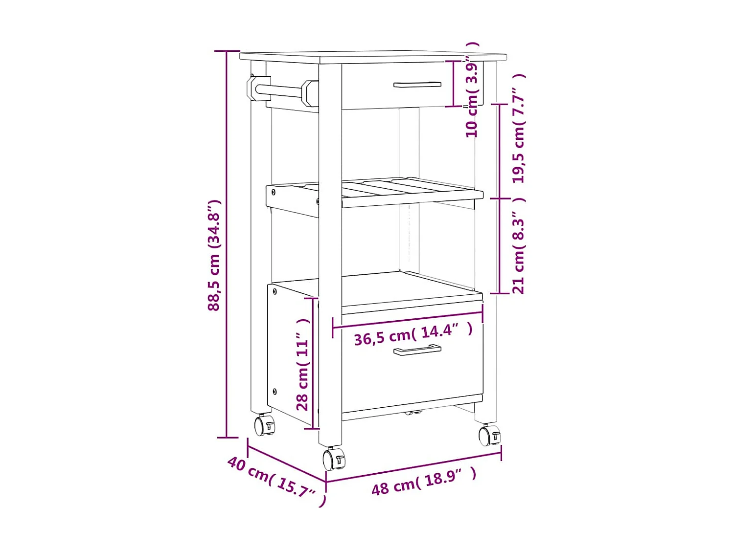 Chariot de cuisine MONZA 48x40x88,5 cm bois massif de pin