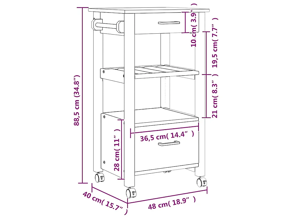 Keukentrolley MONZA 48x40x88,5 cm massief grenenhout