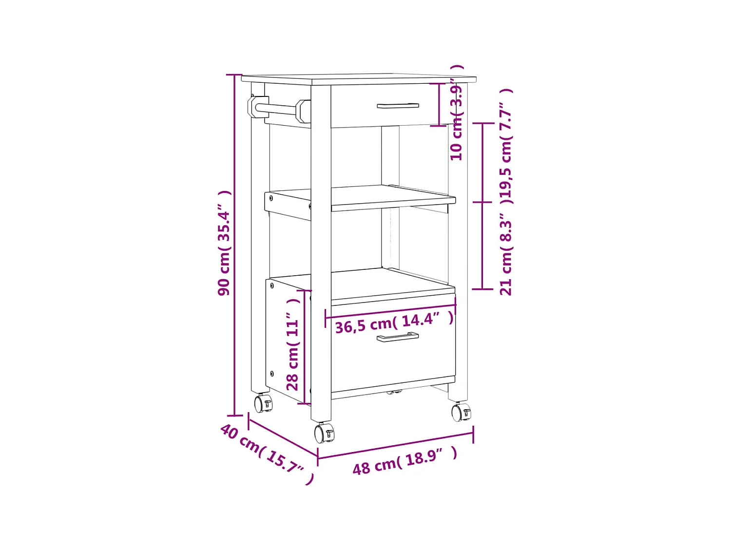 Keukentrolley MONZA 48x40x88,5 cm massief grenenhout