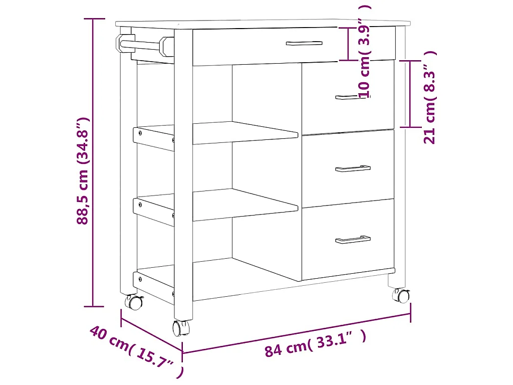 Chariot de cuisine MONZA 84x40x88,5 cm bois massif de pin
