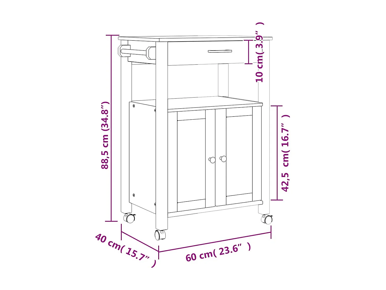 Chariot de cuisine MONZA 60x40x88,5 cm bois massif de pin